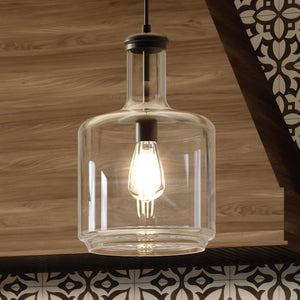 An UHP3711 Industrial Chic Pendant Light, 15.5"H x 9.45"W, Midnight Black Finish hanging from a wooden ceiling.