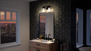 An Urban Ambiance bathroom with a beautiful view of a city, featuring the UHP3751 French Country Bath Vanity Light.