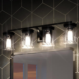A beautiful bathroom with the UHP3771 French Country Bath Vanity Light, 7.25"H x 33.25"W, Midnight Black Finish.