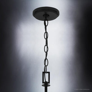 A beautiful and unique lighting fixture, the UHP3781 French Country Chandelier from the Missoula Collection by Urban Ambiance features a Midnight Black Finish and a chain hanging from it.