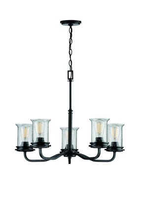 A unique French Country chandelier from the Missoula Collection by Urban Ambiance, featuring a Midnight Black finish and clear glass shades.