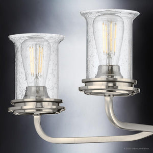 A pair of unique French Country chandeliers with a clear glass shade, from the Urban Ambiance Missoula Collection.