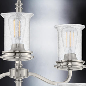 A luxury lighting fixture from the Missoula Collection by Urban Ambiance with a Brushed Nickel Finish and clear glass bulbs.