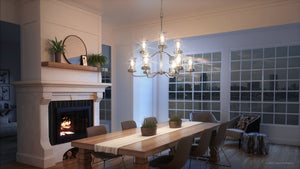 A dining room with a beautiful UHP3800 French Country Chandelier, 31.625