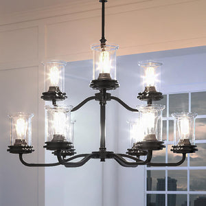 A unique UHP3801 French Country Chandelier, 31.625"H x 34.125"W, Midnight Black Finish, Missoula Collection by Urban Ambiance with beautiful glass