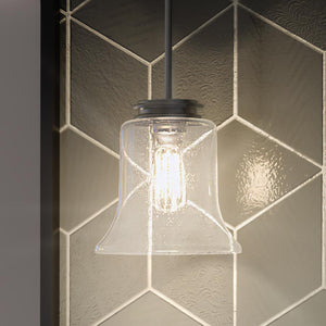 A unique UHP3810 French Country pendant lamp by Urban Ambiance, with a luxurious brushed nickel finish, hanging on a tiled wall.