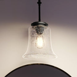 A unique UHP3811 French Country Pendant Light, 15.875"H x 9.25"W, Midnight Black Finish hanging over a mirror.
