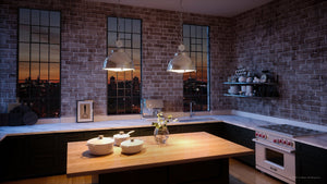 A gorgeous lighting fixture in a kitchen with brick walls and a table, featuring the Urban Ambiance UHP3840 Urban Loft Pendant Light.