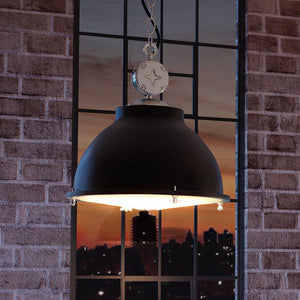 An UHP3841 Unique Urban Loft Pendant Light, 17.625"H x 17.375"W, Charcoal Finish, Kenner Collection from Urban Ambiance hanging over a brick wall.