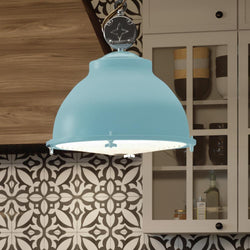 A gorgeous Urban Loft Pendant Light, 17.625"H x 17.375"W, Gray Blue Finish from the Kenner Collection by Urban Ambiance hangs over a tiled kitchen.
