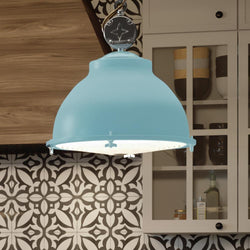 A gorgeous Urban Loft Pendant Light, 17.625"H x 17.375"W, Gray Blue Finish from the Kenner Collection by Urban Ambiance hangs over a tiled kitchen.