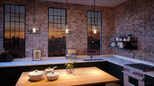 A unique lighting fixture in a luxury kitchen with brick walls and windows features the UHP3850 Urban Loft Pendant Light.