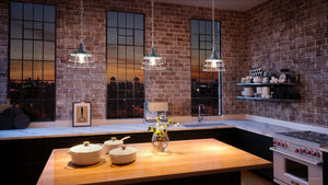 A luxury kitchen with a unique Urban Ambiance brick wall.
