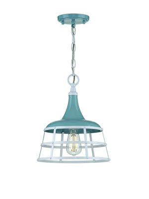 A beautiful pendant light from the Frederick Collection, featuring a cage in a unique gray blue finish.