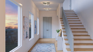 An image of a beautiful UHP4030 Modern Ceiling Light 4.5''H x 12''W, Brushed Nickel Finish, Singleton Collection hallway with stairs and a rug.