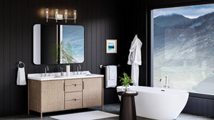 A beautiful modern bathroom with a UHP4223 Contemporary Bath Light 11.5''H x 31.625''W, Brushed Nickel Finish, Parkes Collection from Urban Ambiance.