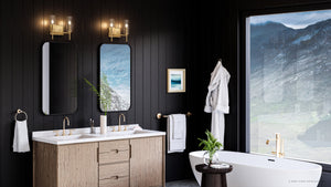 A unique bathroom with luxury black walls and a large window.