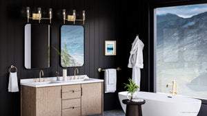 A beautiful bathroom with black walls and gold accents featuring the UHP4226 Contemporary Bath Light 11.5''H x 22.125''W from the Parkes Collection by Urban Ambiance