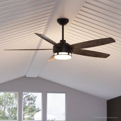 An Urban Ambiance UHP9001 Modern Indoor or Outdoor Ceiling Fan, 15.6"H x 54"W, Architectural Bronze, Provincetown Collection in a room with