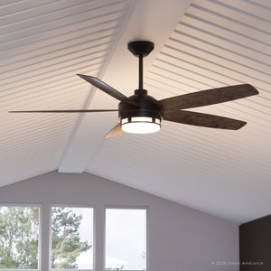 An Urban Ambiance UHP9001 Modern Indoor or Outdoor Ceiling Fan, 15.6"H x 54"W, Architectural Bronze, Provincetown Collection in a room with