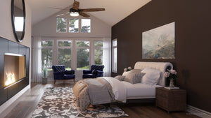 A 3D rendering of a bedroom with the Urban Ambiance UHP9001 Modern Indoor or Outdoor Ceiling Fan, 15.6