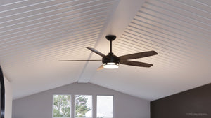A gorgeous UHP9001 Modern Indoor or Outdoor Ceiling Fan by Urban Ambiance in a room with a white ceiling.
