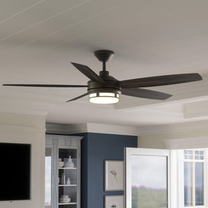 A living room with an Urban Ambiance UHP9002 Modern Indoor or Outdoor Ceiling Fan, 15.6"H x 54"W, Midnight Black, Provincetown Collection and tv.