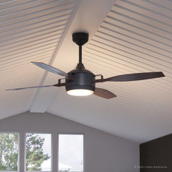 An Urban Ambiance UHP9010 Urban Loft Indoor or Outdoor Ceiling Fan, 16"H x 56"W, Architectural Bronze, Mendocino Collection in a room with white walls is a