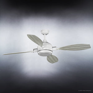 A contemporary Urban Ambiance UHP9012 Urban Loft ceiling fan from the Mendocino Collection, featuring three elongated, leaf-shaped blades and a matte white central motor housing, displayed against a gradient gray background.