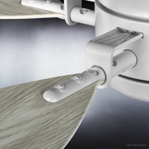 Close-up view of the Urban Ambiance UHP9012 Urban Loft Ceiling Fan from the Mendocino Collection, featuring a matte white finish and light wood blades, showing the attachment hardware and part of the fan motor housing—an ideal choice for those seeking an elegant indoor or outdoor ceiling fan.