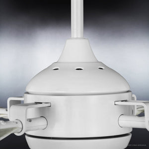 Close-up of the Urban Ambiance UHP9012 Urban Loft Indoor or Outdoor Ceiling Fan base from the Mendocino Collection, featuring multiple mounting arms in matte white, set against a gradient gray background.