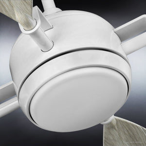 Close-up view of the Urban Ambiance UHP9012 Urban Loft Indoor or Outdoor Ceiling Fan from the Mendocino Collection, featuring matte white finish and wooden blades, shown from below against a gradient background.