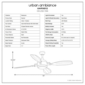 Line drawing of a four-blade ceiling fan with integrated light, accompanied by a specifications chart detailing dimensions, features, finishes, and technical details for the Urban Ambiance UHP9012 Urban Loft Indoor or Outdoor Ceiling Fan from the Mendocino Collection (16″H x 56″W, Matte White)—a versatile choice well-suited as a rustic ceiling fan for both indoor and outdoor settings.