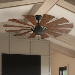 An Urban Ambiance UHP9020 Traditional Indoor Ceiling Fan with wood blades in Architectural Bronze, part of the Saybrook Collection, adds a unique touch to the luxury living room.