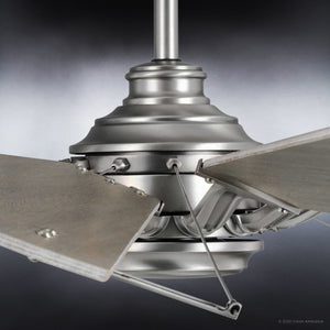 Close-up of the Urban Ambiance UHP9021 Traditional Indoor Ceiling Fan from the Saybrook Collection, featuring an aged nickel finish and white barnwood blades, displayed against a neutral background.