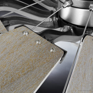 Close-up of the Urban Ambiance UHP9021 Traditional Indoor Ceiling Fan from the Saybrook Collection, featuring an aged nickel finish, white barnwood blades, and sleek metallic accents, measuring 17.3″ high by 60″ wide.