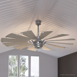 An Urban Ambiance UHP9021 Traditional Indoor Ceiling Fan in Aged Nickel, Saybrook Collection, adding a unique touch to a living room with white blades.