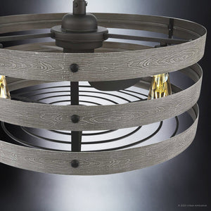 Close-up of the Urban Ambiance UHP9031 Modern Farmhouse Indoor Ceiling Fan from the Adelaide Collection, featuring three gray, wood-textured metal rings encircling visible bulbs against a dark background—evoking an open cage design that blends rustic industrial style with contemporary elegance.