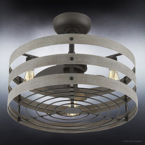 The UHP9031 Modern Farmhouse Indoor Ceiling Fan from the Urban Ambiance Adelaide Collection features three wooden rings encasing both the lights and fan blades, showcasing a modern industrial design with a dark charcoal metal finish that blends vintage charm with contemporary style.