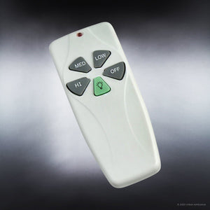 A white remote control featuring four gray buttons labeled MED, LOW, HI, OFF, plus a green lightbulb icon button—ideal for effortlessly managing your Urban Ambiance UHP9031 Modern Farmhouse Indoor Ceiling Fan from the Adelaide Collection (18.1″H x 23.5″W, Charcoal)—displayed against a dark gradient background.