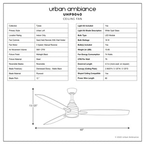 A diagram showing the dimensions of the beautiful, unique Urban Ambiance UHP9040 Mid Century Modern Indoor Ceiling Fan, 13.1