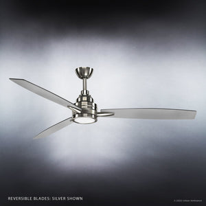 The Urban Ambiance UHP9041 Mid Century Modern Indoor Ceiling Fan from the Tybee Collection, measuring 13.1 inches high by 60 inches wide in a brushed nickel finish, features three blades and an integrated LED light fixture. Mounted against a gradient gray background, this ceiling fan blends sleek mid-century design with contemporary functionality.