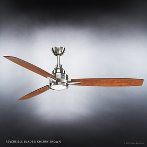 The Urban Ambiance UHP9041 Mid Century Modern Indoor Ceiling Fan from the Tybee Collection features a brushed nickel base and three wooden blades, showcased against a simple gradient background.