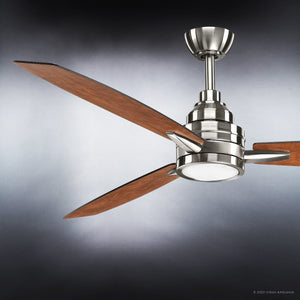 The Urban Ambiance UHP9041 Mid Century Modern Indoor Ceiling Fan from the Tybee Collection features three wooden blades and a brushed nickel base, measuring 13.1 inches high by 60 inches wide. Displayed against a gradient gray background, this integrated LED ceiling fan seamlessly blends style and functionality for contemporary interiors.