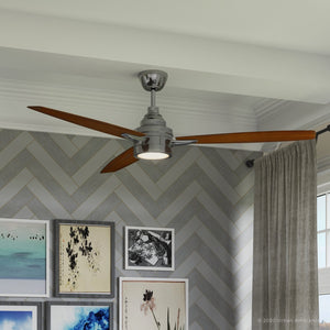 A living room with a unique Urban Ambiance UHP9041 Mid Century Modern Indoor Ceiling Fan, 13.1"H x 60"W, Brushed Nickel, Tybee Collection and pictures on