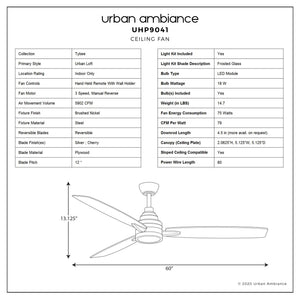 Labeled diagram illustrating the specifications of the Urban Ambiance UHP9041 Mid Century Modern Indoor Ceiling Fan from the Tybee Collection, featuring its 13.1-inch height, 60-inch width, brushed nickel finish, integrated LED light kit, power details, and mounting options. The image highlights this Urban Ambiance ceiling fan’s mid-century modern design and dimensions.
