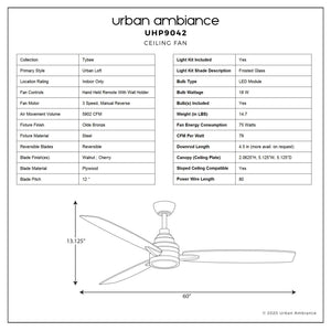 A diagram displaying the dimensions of a luxurious UHP9042 Mid Century Modern Indoor Ceiling Fan, 13.1