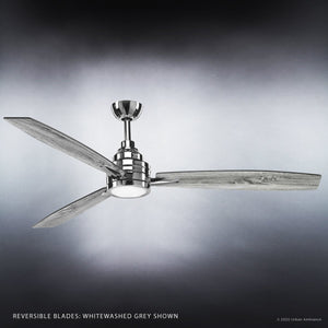The Urban Ambiance UHP9043 Mid Century Modern Indoor Ceiling Fan from the Tybee Collection, featuring a polished chrome central fixture and three whitewashed grey blades, is displayed against a gradient background.