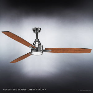 The UHP9043 Mid Century Modern Indoor Ceiling Fan from the Tybee Collection by Urban Ambiance features three cherry wood reversible blades and a polished chrome central fixture, presented against a neutral gradient background. Measuring 13.1 inches high and 60 inches wide, this ceiling fan seamlessly blends timeless mid-century style with modern functionality to elevate any living space.