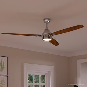 An UHP9043 Mid Century Modern Indoor Ceiling Fan, 13.1"H x 60"W, Polished Chrome, Tybee Collection by Urban Ambiance in a living room with unique lighting
